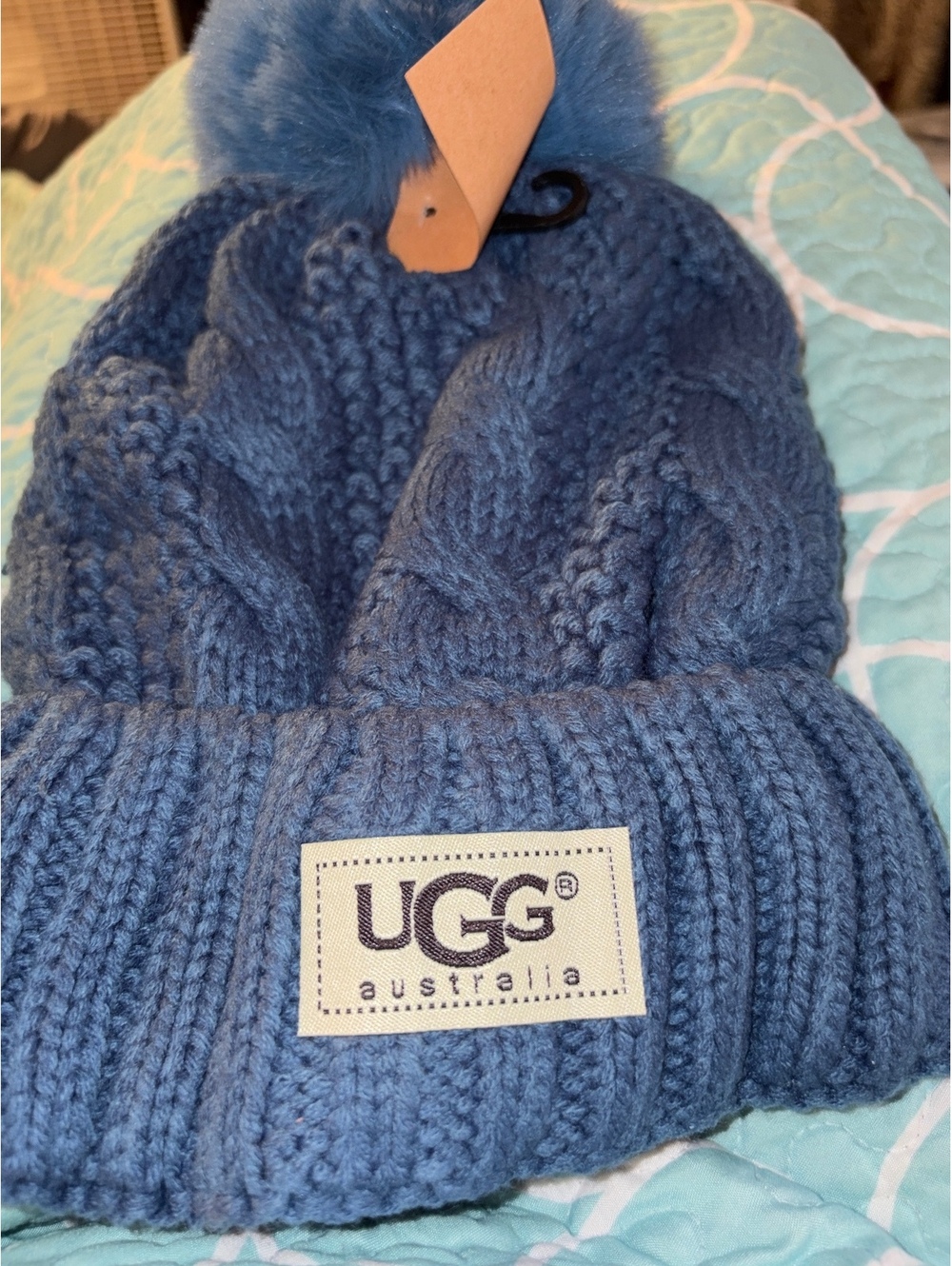 UGG Australia Blue Knit Beanie with Pom Pom and Fleece Lining